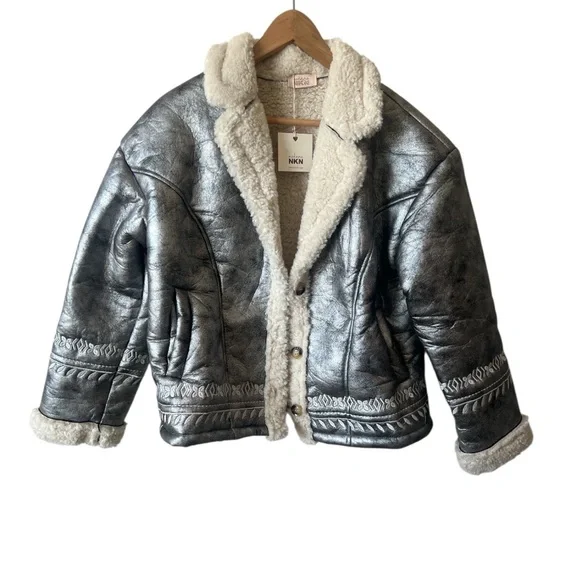 NKN Nekane Gaia Silver Faux Leather Embroidered Aviator Bomber Jacket Small - Picture 4 of 12